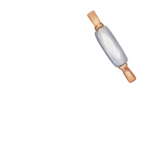Roller pin watercolor and pencil illustration. Baking design element Hand painted food png clipart. Bakery, cafe, restaurant menu element. Recipe book, cooking book graphics. 