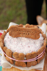 A cake with bone topper for dog's birthday party from special dog food bakery. Small business for pet owners. Treats for puppy.