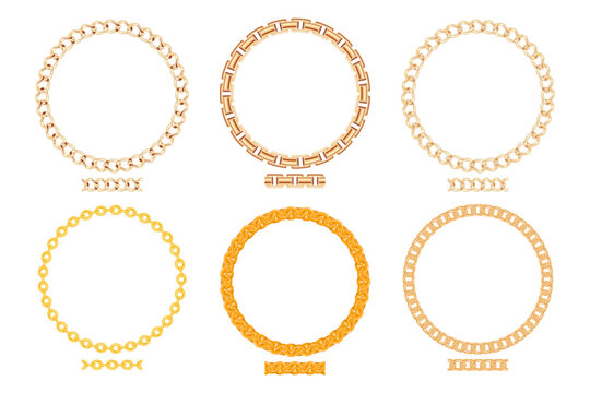 Set decorative circle border frames with seamless elements. Gold Chain round wreaths for use as a decorative element, for logo or emblem.