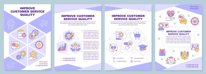 Improve customer service quality purple brochure template. Leaflet design with linear icons. Editable 4 vector layouts for presentation, annual reports. Arial-Black, Myriad Pro-Regular fonts used