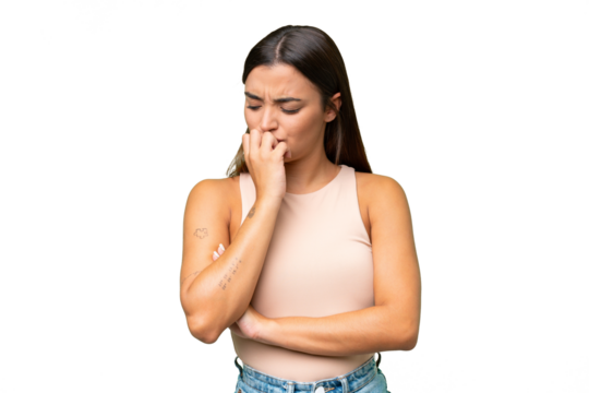 Young beautiful brunette woman over isolated background