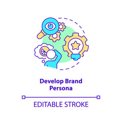 Develop brand persona concept icon. Sensory marketing strategy abstract idea thin line illustration. Unique personality. Isolated outline drawing. Editable stroke. Arial, Myriad Pro-Bold fonts used