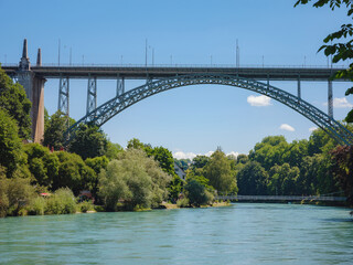 travel to Bern, Switzerland in summer. View of the Lorraine Bridge over river Aare.