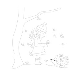 girl and hedgehog are picking mushrooms in autumn - coloring book