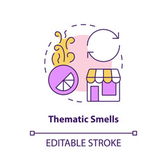 Thematic smells concept icon. Scent advertising type abstract idea thin line illustration. Notable fragrance of brand. Isolated outline drawing. Editable stroke. Arial, Myriad Pro-Bold fonts used