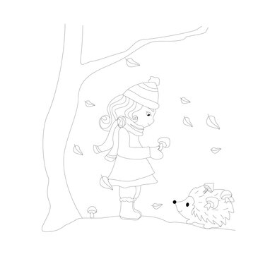 girl and hedgehog are picking mushrooms in autumn - coloring book