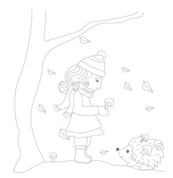 girl and hedgehog are picking mushrooms in autumn - coloring book