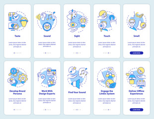 Sensory marketing onboarding mobile app screen set. Human senses walkthrough 5 steps editable graphic instructions with linear concepts. UI, UX, GUI template. Myriad Pro-Bold, Regular fonts used - obrazy, fototapety, plakaty