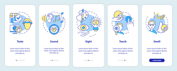 Senses of sensory marketing onboarding mobile app screen. Smell, sound walkthrough 5 steps editable graphic instructions with linear concepts. UI, UX, GUI template. Myriad Pro-Bold, Regular fonts used - obrazy, fototapety, plakaty