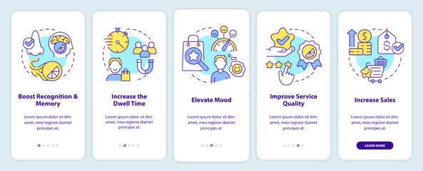 Ambient scenting benefits onboarding mobile app screen. Elevate mood walkthrough 5 steps editable graphic instructions with linear concepts. UI, UX, GUI template. Myriad Pro-Bold, Regular fonts used