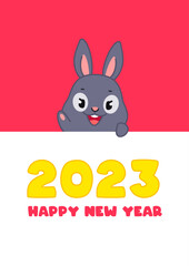 Happy New Year 2023 template with cute bunny. Illustration of a little black rabbit holding a banner with greeting text. Vector 10 EPS.