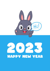 Happy New Year 2023 template with cute bunny. Illustration of a little black rabbit holding a banner with greeting text. Vector 10 EPS.
