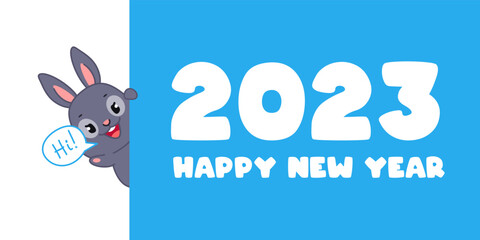 Happy New Year 2023 template with cute bunny. Illustration of a little black rabbit holding a banner with greeting text. Vector 10 EPS.