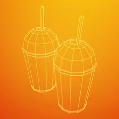 Paper cup with straw. Drink Fast food. Wireframe vector illustration