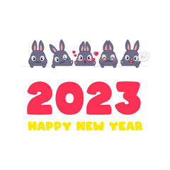 Happy New Year 2023 template with cute bunnies. Illustration of five little black rabbits holding a banner with greeting text. Vector 10 EPS.