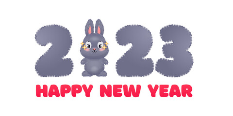 Happy New Year 2023 card template with cute bunny. Illustration of a little black rabbit and fluffy numbers on a white background. Vector 10 EPS.