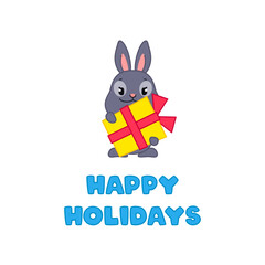 Happy Holidays card template with cute bunny. Illustration of a little black rabbit holding a gift box on a white background. Vector 10 EPS.
