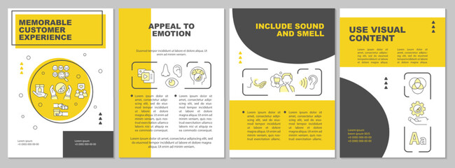 Brand experience with sensory marketing yellow brochure template. Leaflet design with linear icons. Editable 4 vector layouts for presentation, annual reports. Arial, Myriad Pro-Regular fonts used - obrazy, fototapety, plakaty