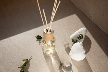 Aroma diffuser in a clear glass bottle with a wooden cap on a light stone background with wooden sticks behind and green branches. Top view