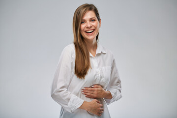 Happy healthy woman has no stomach problems. isolated portrait on white. - 536271990