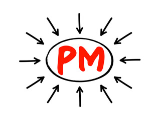 PM - Project Manager is a professional in the field of project management, acronym text concept with arrows