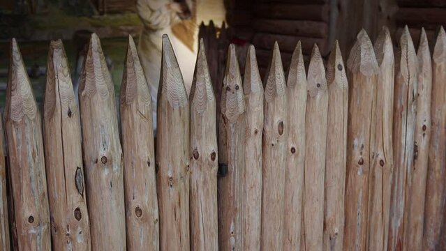 Beautiful wooden picket fence, logs with pointed ends, close-up.