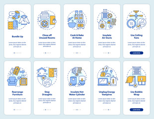 Saving heat energy onboarding mobile app screen set. Low power using walkthrough 5 steps editable graphic instructions with linear concepts. UI, UX, GUI template. Myriad Pro-Bold, Regular fonts used