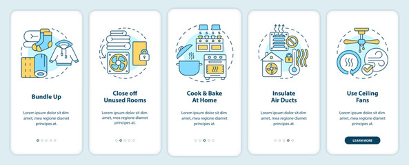 Save on heat energy bills in winter onboarding mobile app screen. Walkthrough 5 steps editable graphic instructions with linear concepts. UI, UX, GUI template. Myriad Pro-Bold, Regular fonts used