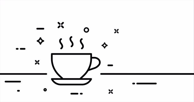 Mug with steam. Tea, coffee, cafe, break, time, have a rest, black, brew, tasty, breakfast, morning. Beverage concept. One line drawing animation. Motion design. Animated technology logo. Video 4K
