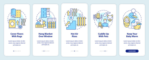 Stay warm during power outage onboarding mobile app screen. Survival walkthrough 5 steps editable graphic instructions with linear concepts. UI, UX, GUI template. Myriad Pro-Bold, Regular fonts used