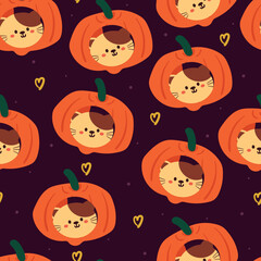 Fototapeta premium seamless pattern cartoon cat inside pumpkin. cute halloween wallpaper for kids, gift wrap paper