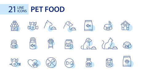 21 pet food icons. Cats and dogs eating, bowls, vegetarian diet, supply store etc. Pixel perfect, editable stroke
