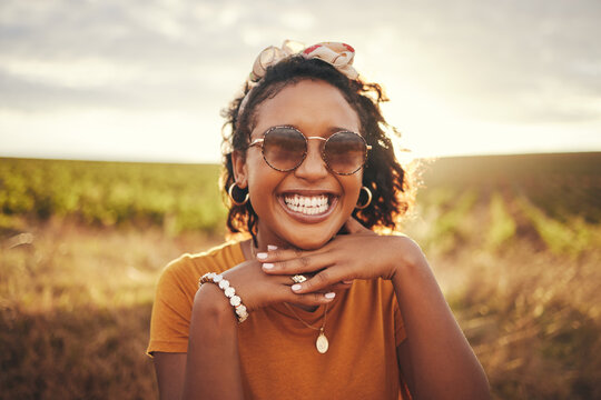 Face Smile, Black Woman And Countryside Sunglasses, Summer Vacation Or Holiday. Portrait, Travel And Happy Female From Brazil Having Fun Outdoors, Freedom And Relax In Nature Enjoying Time Alone.