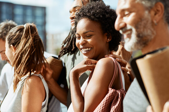 Laughing Woman And Friends Walking Outside After The Gym