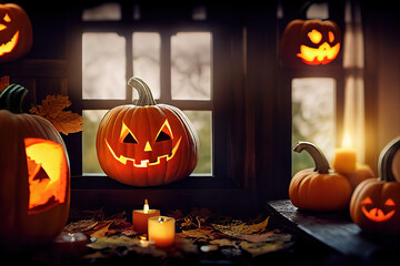 Halloween pumpkin on the window