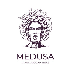 Medusa gorgon logo. Head of a woman with snakes. Protective amulet. Logo for different directions. Vector image.