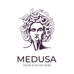 Medusa gorgon logo. Head of a woman with snakes. Protective amulet. Logo for different directions. Vector image. © Alwih