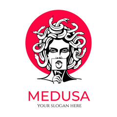 Medusa gorgon logo. Head of a woman with snakes. Protective amulet. Logo for different directions. Vector image.