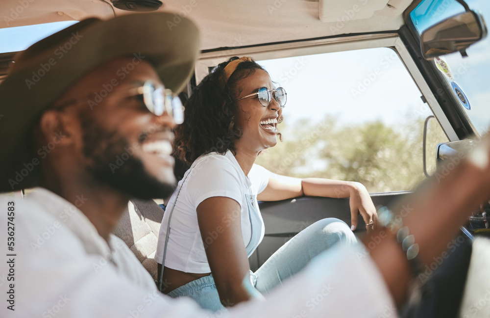 Sticker travel, road trip and black people couple driving by countryside for holiday, journey and freedom wi