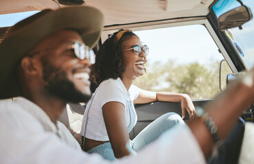 Travel, road trip and black people couple driving by countryside for holiday, journey and freedom with happiness. Trendy sunglasses, fashion and gen z friends in a car drive for vacation lifestyle - obrazy, fototapety, plakaty