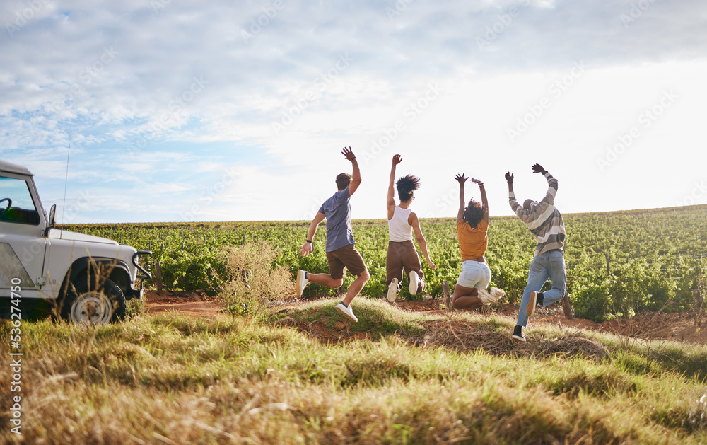 Canvas Prints Jump, freedom and friends in a field in nature while on a summer road trip vacation in the countryside. Group, travel and happy people with energy on a outdoor holiday break in south africa.