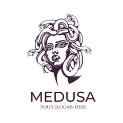 Medusa gorgon logo. Head of a woman with snakes. Protective amulet. Logo for different directions. Vector image.