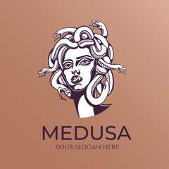 Medusa gorgon logo. Head of a woman with snakes. Protective amulet. Logo for different directions. Vector image.