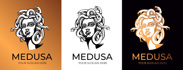 Medusa gorgon logo. Head of a woman with snakes. Protective amulet. Logo for different directions. Vector image.