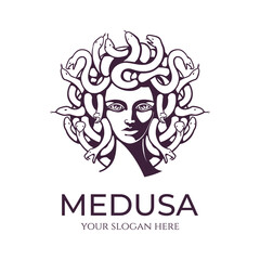 Medusa gorgon logo. Head of a woman with snakes. Protective amulet. Logo for different directions. Vector image.