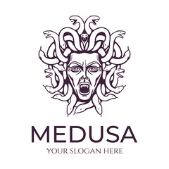 Medusa gorgon logo. Head of a woman with snakes. Protective amulet. Logo for different directions. Vector image.