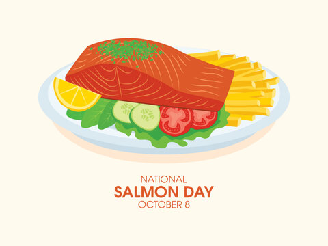 National Salmon Day vector. Salmon steak meat with french fries and vegetable garnish icon vector. October 8. Important day