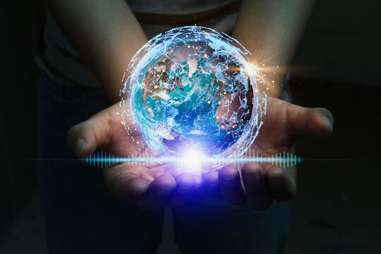 Businessman holding global network connect social future. World map point and line composition global business, communication technology. Digital link tech of the future in the hand virtual world.