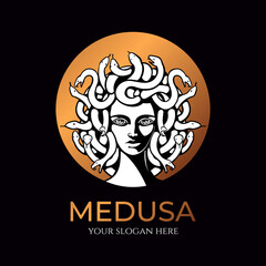 Medusa gorgon logo. Head of a woman with snakes. Protective amulet. Logo for different directions. Vector image.