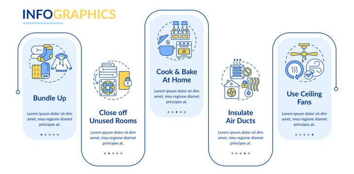 Reduce heating bill costs rectangle infographic template. Save energy. Data visualization with 5 steps. Editable timeline info chart. Workflow layout with line icons. Lato Bold, Regular fonts used